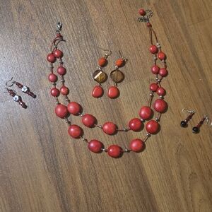 Red Red Red Beaded Necklace and Earrings